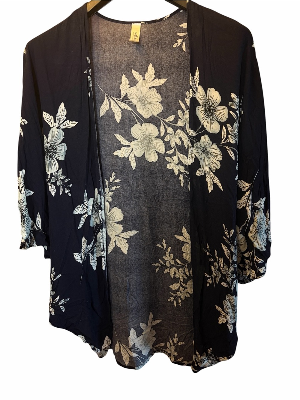 Hawaiian floral cocoon ruana butterfly cover up top Mahina navy blue white